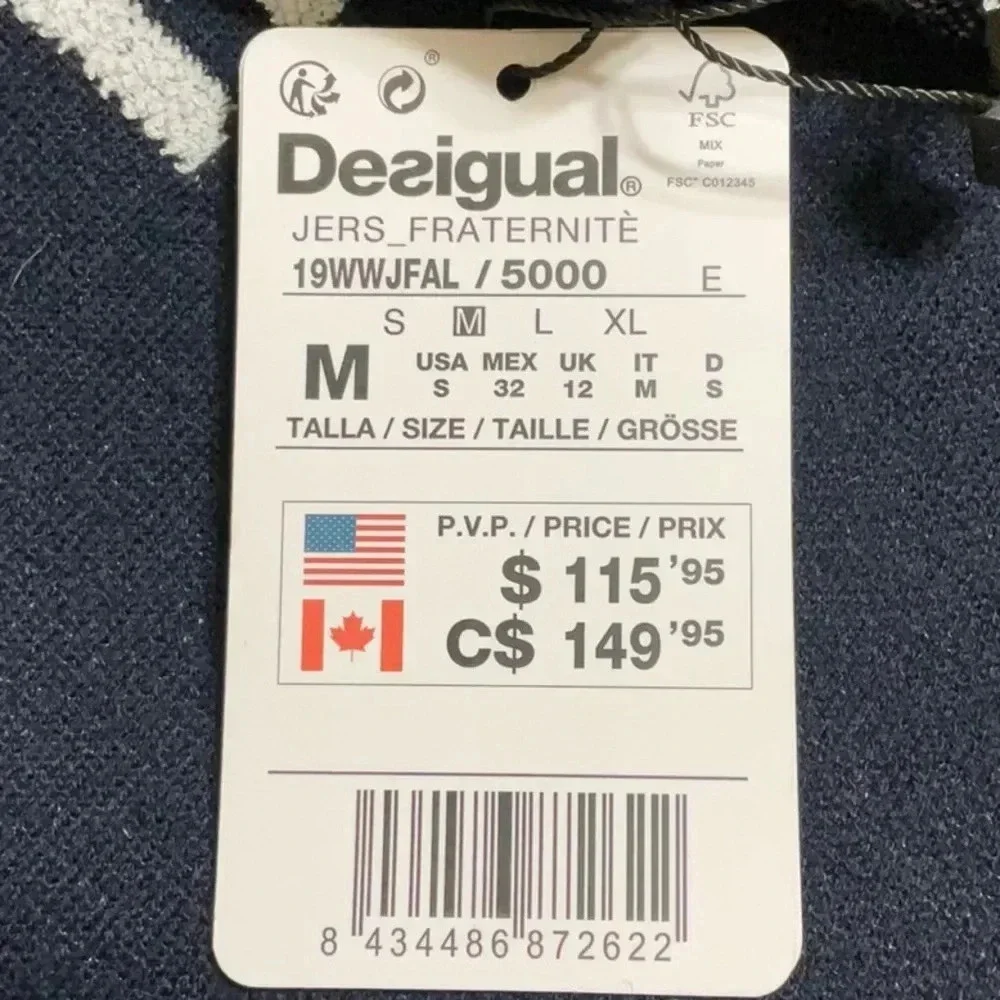 Desigual Fraternite Crewneck Pullover Sweater Navy Blue Small
